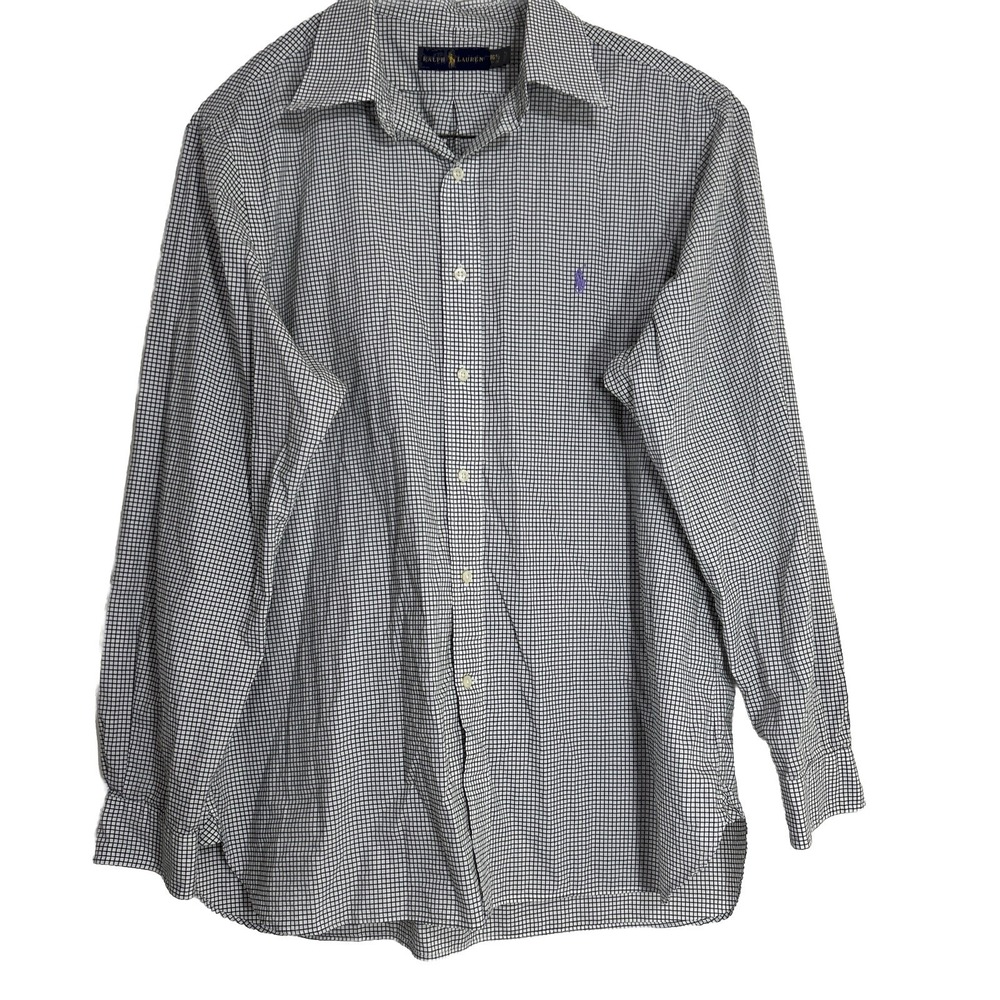 Ralph Lauren Shirt Men 16.5 34-35 White Black‎ Checker Purple Pony Logo Button